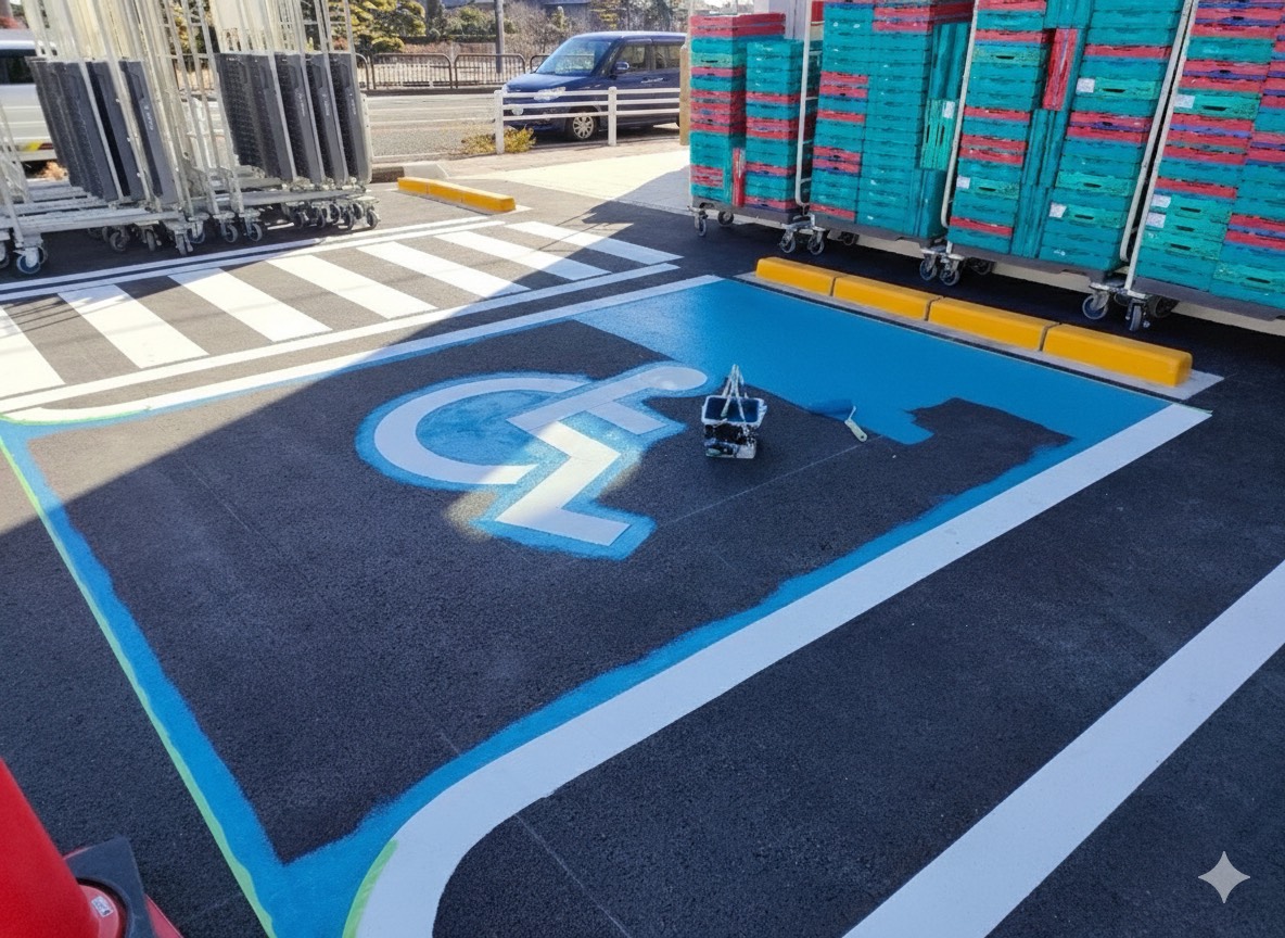 尾張旭市の駐車場塗装。1回目の塗装作業中の様子